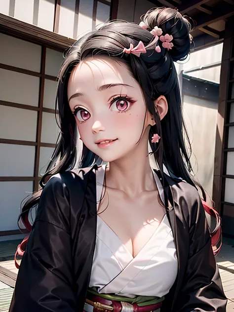 estilo kimetsu no yaiba, 1 chica, solo, sonrisa, ojos rosados, pupilas blancas en forma de flores., pelo negro, hair pulled back...