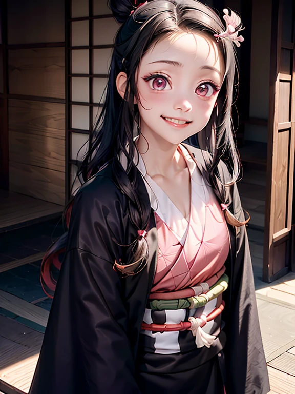 estilo kimetsu no yaiba, 1 garota, Sozinho, Sorriso, olhos rosa, pupilas brancas em forma de flores., pelo negro, cabelo puxado para trás em um coque, Preso com um parafuso,  quimono rosa, Cinto Obi,  ((Obra-prima)), ((retratos de um)), nevando, Deriva, céu escuro, flocos de neve caem