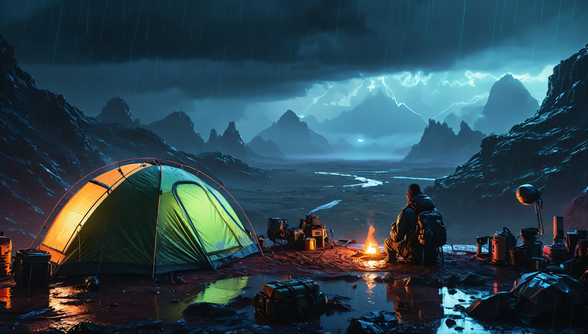 cyberpunk dystopian post-apocalyptic world, man camping in futuristic landscape, detailed futuristic gear and equipment, advanced technology, glowing neon lights, rainy atmosphere, moody dark color palette, cinematic lighting, hyper-realistic, 8k, 3d render, concept art style, masterpiece, ultra-detailed
