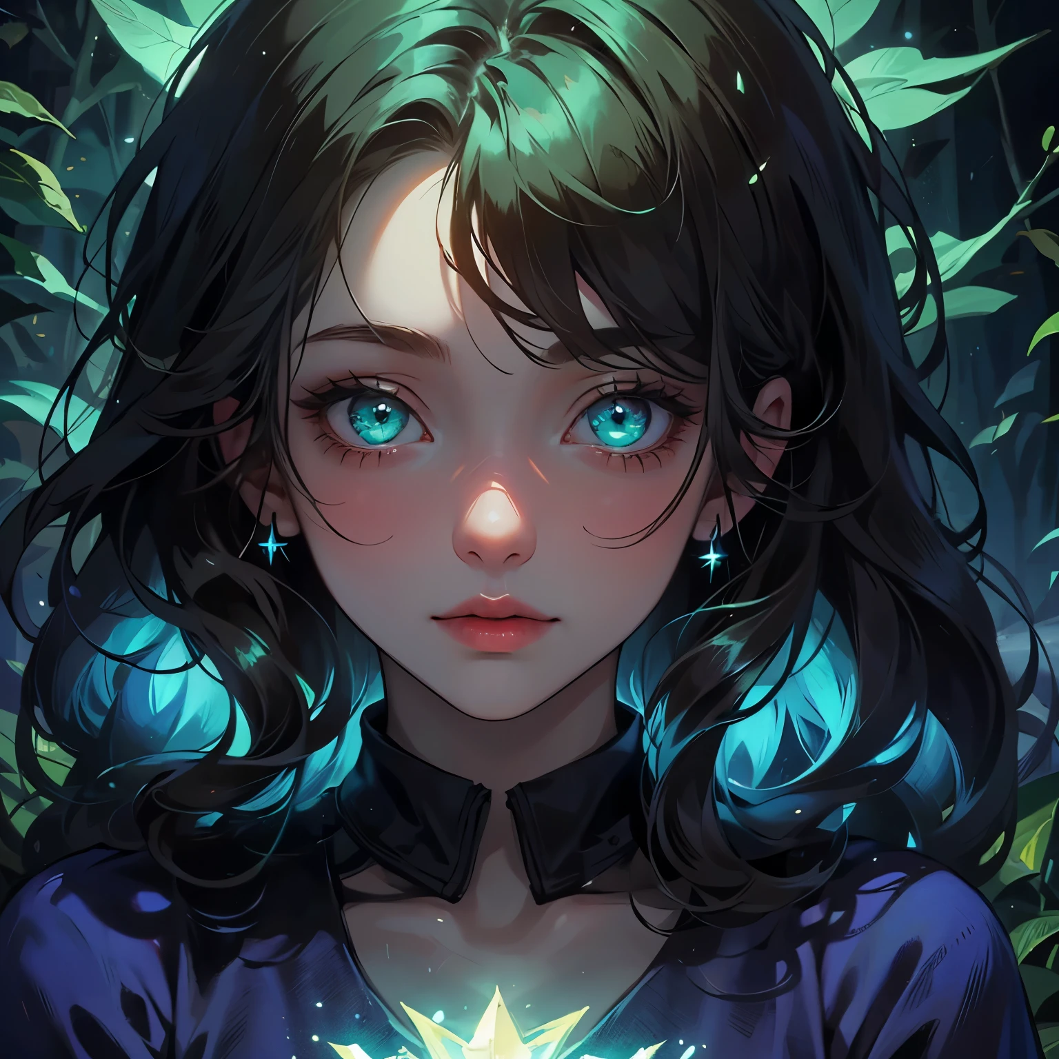 1girl, portrait, ((masterpiece)), artistic, glowing green, hair glowing, eyes glowing, straight volumed hair, detailed eyes, forest background, shiny, glowing star detailes on night blue dress
, it's dark but she is beautifully glowing, aura