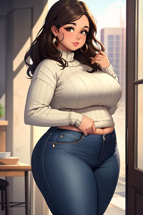 (masterpiece), (best quality), (detailed), (high res), chubby latina girl, tortita, curvy body, bell bottom jeans, teen girl, sl...