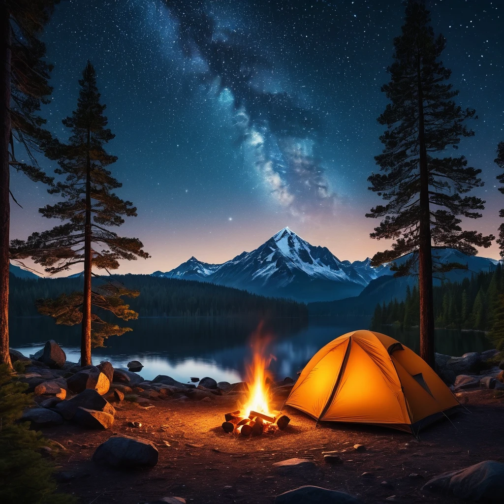 Eine ruhige Campingszene im Freien, 1 Person zeltet in einem Wald, Zelt, Lagerfeuer, Kiefern, Sternenhimmel, Berge in der Ferne, detailed Landschaft, warmes Licht, photorealistisch, filmisch, dramatisch, (beste Qualität,4k,8k,highres,Meisterwerk:1.2),ultra-detailliert,(realistisch,photorealistisch,photo-realistisch:1.37),Landschaft