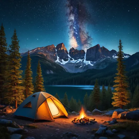 a serene outdoor camping scene, 1 person camping in a forest, tent, campfire, pine trees, starry night sky, mountains in the dis...