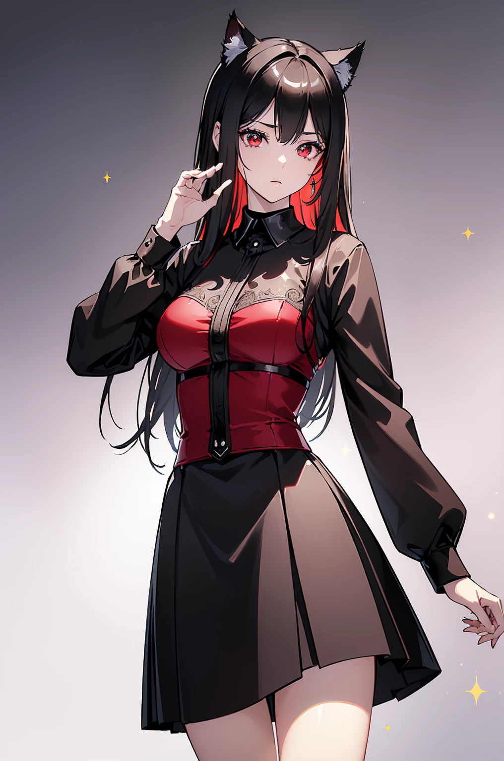 (Cat girl), (smoking), cat ears, black hair, business casual attire, cool, red dress shirt, pretty red eyes, cat tail, ((Crimson Red Eyes eyes: 1.3, Upturned Eyes: 1, Perfect Eyes, Beautiful Detailed Eyes, Gradient eyes: 1, Finely Detailed Beautiful Eyes: 1, Symmetrical Eyes: 1, Big Highlight On Eyes: 1.2)), (((Lustrous Skin: 1.5, Bright Skin: 1.5, Skin Fair, Shiny Skin, Very Shiny Skin, Shiny Body, Plastic Glitter Skin, Exaggerated Shiny Skin, Illuminated Skin))), (Detailed Body, (Detailed Face)), (((Skirt))), High Resolution, Sharp Focus, Ultra Detailed, Extremely Detailed, Extremely High Quality Artwork, (Realistic, Photorealistic: 1.37), 8k_Wallpaper, (Extremely Detailed CG 8k), (Very Fine 8K CG), ((Hyper Super Ultra Detailed Perfect Piece)), (((Flawless masterpiece))), Illustration, Vibrant Colors, (Intricate), High Contrast, Selective Lighting, Double Exposure, HDR (High Dynamic Range), Post-processing, Background Blur, (Sexy pose), (Mature woman), big sis