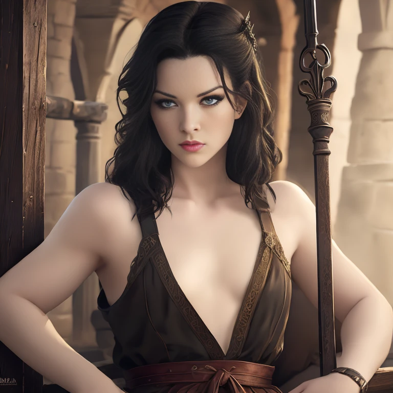 Punktzahl_9, Punktzahl_8_hoch, Punktzahl_7_hoch, Punktzahl_6_hoch, Punktzahl_5_hoch, Carmilla Bolton aus Game of Thrones, schwarzes Haar, sexy, (Meisterwerk, beste Qualität:1.2), Neben einem Andreaskreuz, stockade, Folterkammer, mittelalterlich, (wahnsinnig detailliert, Schöne Details, Meisterwerk, beste Qualität), (wahnsinnig detailliert, Meisterwerk, beste Qualität) woStoya