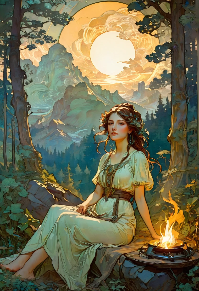 Camping im Freien, Von Alphonse mucha, beste Qualität, Meisterwerk, sehr ästhetisch, perfekte Komposition, komplizierte Details, ultra-detailliert