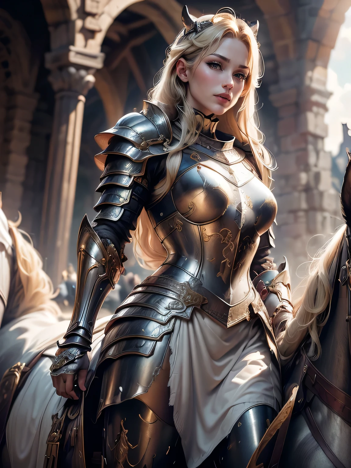 (Masterpiece, Superb Detail, Super Detailed, High Resolution), Male Focus, (((Female Armor))), (((Armor Dress Set))), (She Has Long Blonde Hair, Medium Breasts, Slim, perfect body, beautiful face), look at viewer, (((white panty))), (((riding a horse))), City Ruins, Background Details, Solo