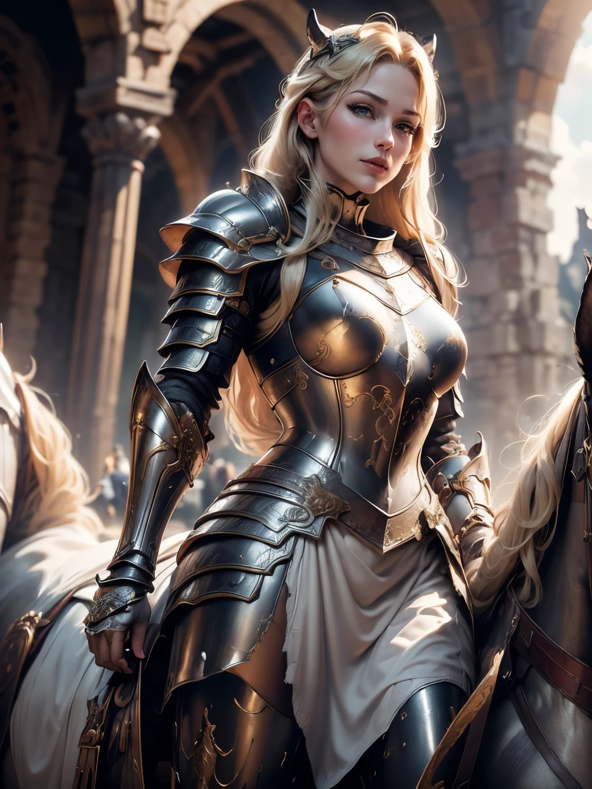 (Masterpiece, Superb Detail, Super Detailed, High Resolution), Male Focus, (((Female Armor))), (((Armor Dress Set))), (She Has Long Blonde Hair, Medium Breasts, Slim, perfect body, beautiful face), look at viewer, (((white panty))), (((riding a horse))), City Ruins, Background Details, Solo