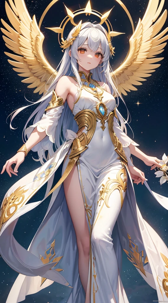 Picture a serene and ethereal figure, the biblical seraphim, standing with grace and poise. Its form is humanoid, but with an otherworldly beauty, radiating a soft, golden glow that envelops its surroundings. 

The seraphim's attire consists of flowing robes adorned with intricate patterns, shimmering with a pearlescent sheen. Multiple pairs of majestic wings sprout from its shoulders, each feather meticulously crafted and suffused with radiant brilliance.

In one hand, the seraphim holds a gleaming sword of purest silver, symbolizing divine authority and justice. In the other hand, it clutches a scroll inscribed with ancient symbols, representing wisdom and celestial knowledge.

A halo of pure light encircles the seraphim's head, pulsing with divine energy. Behind it, the celestial heavens stretch out, adorned with stars and wisps of drifting clouds, casting a warm and welcoming glow upon the scene.