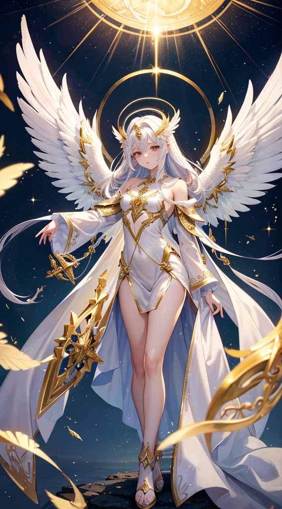 Picture a serene and ethereal figure, the biblical seraphim, standing with grace and poise. Its form is humanoid, but with an otherworldly beauty, radiating a soft, golden glow that envelops its surroundings. 

The seraphim's attire consists of flowing robes adorned with intricate patterns, shimmering with a pearlescent sheen. Multiple pairs of majestic wings sprout from its shoulders, each feather meticulously crafted and suffused with radiant brilliance.

In one hand, the seraphim holds a gleaming sword of purest silver, symbolizing divine authority and justice. In the other hand, it clutches a scroll inscribed with ancient symbols, representing wisdom and celestial knowledge.

A halo of pure light encircles the seraphim's head, pulsing with divine energy. Behind it, the celestial heavens stretch out, adorned with stars and wisps of drifting clouds, casting a warm and welcoming glow upon the scene.