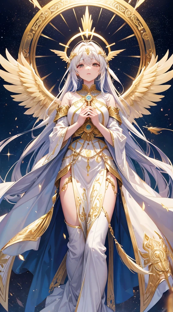 Picture a serene and ethereal figure, the biblical seraphim, standing with grace and poise. Its form is humanoid, but with an otherworldly beauty, radiating a soft, golden glow that envelops its surroundings. 

The seraphim's attire consists of flowing robes adorned with intricate patterns, shimmering with a pearlescent sheen. Multiple pairs of majestic wings sprout from its shoulders, each feather meticulously crafted and suffused with radiant brilliance.

In one hand, the seraphim holds a gleaming sword of purest silver, symbolizing divine authority and justice. In the other hand, it clutches a scroll inscribed with ancient symbols, representing wisdom and celestial knowledge.

A halo of pure light encircles the seraphim's head, pulsing with divine energy. Behind it, the celestial heavens stretch out, adorned with stars and wisps of drifting clouds, casting a warm and welcoming glow upon the scene.