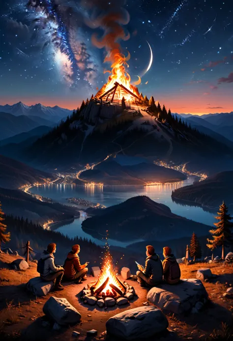 a bonfire  under the starry sky on the mountaintop, as night falls and the stars shine, campers gather around the burning bonfir...