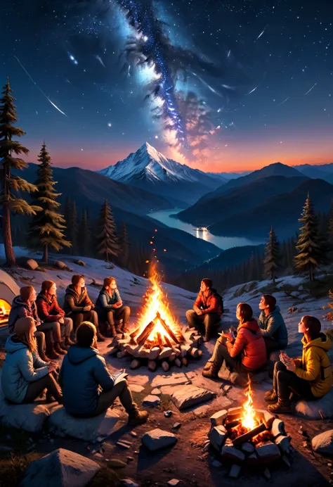 a bonfire  under the starry sky on the mountaintop, as night falls and the stars shine, campers gather around the burning bonfir...