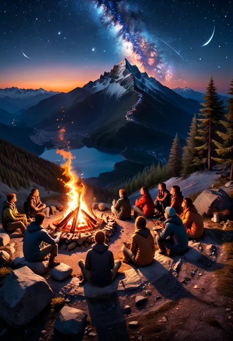 a bonfire  under the starry sky on the mountaintop, as night falls and the stars shine, campers gather around the burning bonfir...