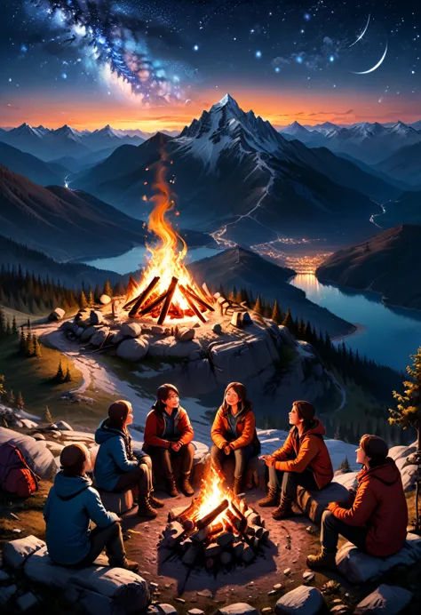 a bonfire  under the starry sky on the mountaintop, as night falls and the stars shine, campers gather around the burning bonfir...