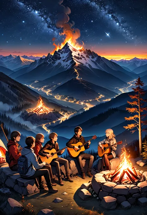 a bonfire  under the starry sky on the mountaintop, as night falls and the stars shine, campers gather around the burning bonfir...