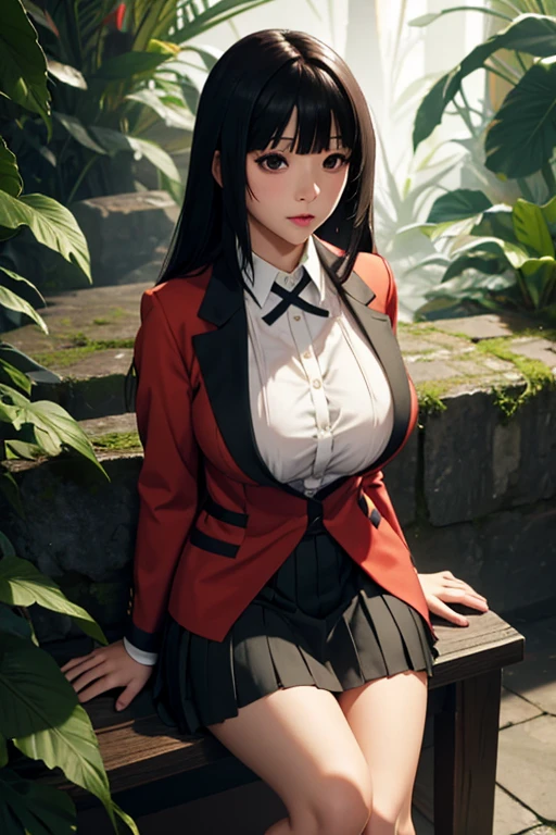 sit in tropical rainforest , steam , waistband of skirt is at the point above chest , Tight shirt , white Shirt , school girl , skirt under breasts , skirt is near breasts area , skirt is adjacent to the chest , jabami yumeko, black hair, long hair, blunt bangs , red jacket, shirt, black skirt