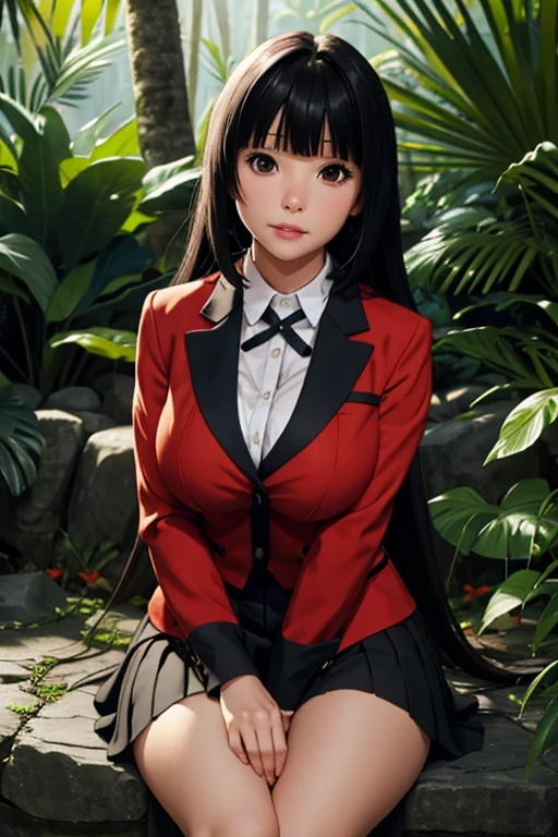 sit in tropical rainforest , steam , waistband of skirt is at the point above chest , Tight shirt , white Shirt , school girl , skirt under breasts , skirt is near breasts area , skirt is adjacent to the chest , jabami yumeko, black hair, long hair, blunt bangs , red jacket, shirt, black skirt