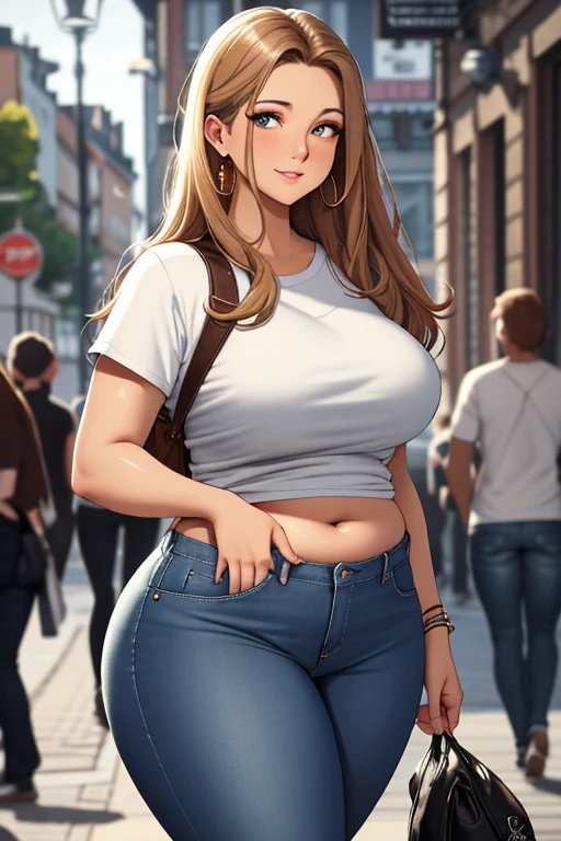 (masterpiece), (best quality), (detailed), (high res), svandinavian cute girl, slightly curvy, wide hips, curvy belly, college student, stockholm sttle, baggy jeans and white shirt, light brown hair, blondish