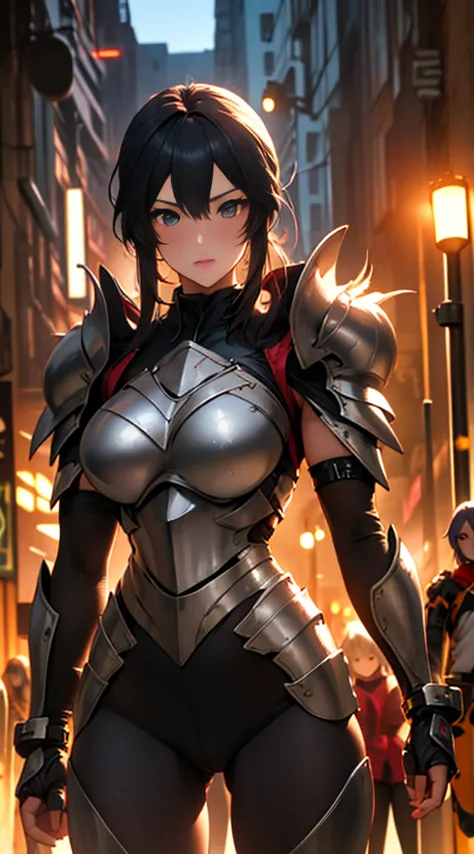2Girl,Girl,Girl,ultra detailed,Anime character wearing armor standing at a crosswalk in the city, shining plate armor, two beaut...