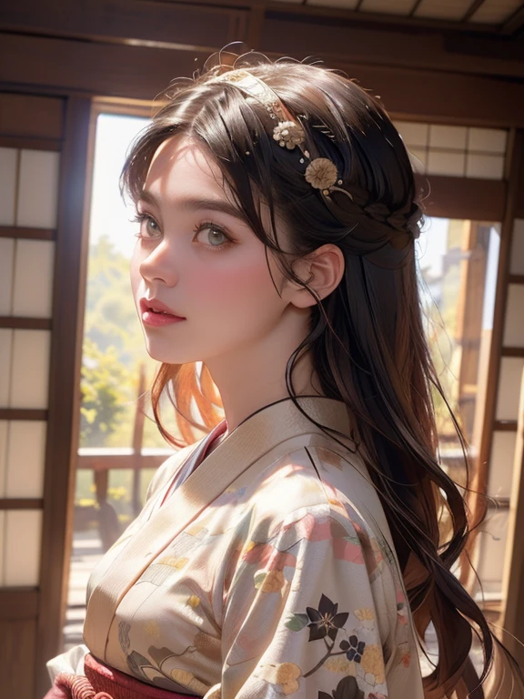 (highest quality、8k、32k、masterpiece)、(masterpiece,up to date,Exceptional:1.2), anime,One girl,Front hair,black_hair, Beautiful 8k eyes,Looking_in_Audience,One person in,Are standing,((Very beautiful woman, Fuller lips, Japanese pintern kimono))、((Colorful Japanese kimono)))、(((Medium Shot)))、Blunt bung、(High resolution)、Very beautiful face and eyes、1 girl 、Round and small face、Narrow waist、delicine body、(highest quality high detail Rich skin details)、(highest quality、8k、Oil paints:1.2)、Very detailed、(Realistic、Realistic:1.37)、Bright colors、(((blackhair)))、(((Long Hair)))、(((cowboy pictures)))、((( Inside an old Japanese house with a (short focus lens:1.4),)))、(masterpiece, highest quality, highest quality, Official Art, beautifully、aesthetic:1.2), (One girl), Very detailedな,(Fractal Art:1.3),colorful,Most detailed,Sengoku period(High resolution)、Very beautiful face and eyes、1 girl 、Round and small face、Tight waist、Delicine body、(highest quality high detail Rich skin details)、(highest quality、8k、Oil paints:1.2)、(Realistic、Realistic:1.37)、Greg Rutkowski Written by Alphonse Mucha Ropp,short ,uchikake,nishijin ori,(realistic light and shadow), (real and delicate background),(muted colors, dim colors, soothing tones:1.3), low saturation, (hyperdetailed:1.2), (noir:0.4),drow,blurry_light_background,lens flare, (vibrant color:1.2), cinematic lighting, ambient lighting,Single Shot,Shallow Focus,pink lip,blurry light background,ethereal background, cinematic shot, ,Retro Art-style,Shot with medium format camera,break pastel,perfect light,cartoon,anime,graffiti,guweiz style,head to thigh portrait