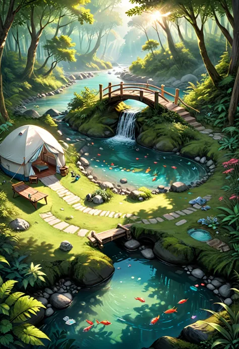 the creek campsite in the forest secret realm, tents are hidden in the dense forest, and a clear stream flows by. people fish or...