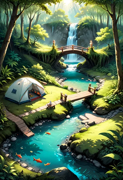 the creek campsite in the forest secret realm, tents are hidden in the dense forest, and a clear stream flows by. people fish or...