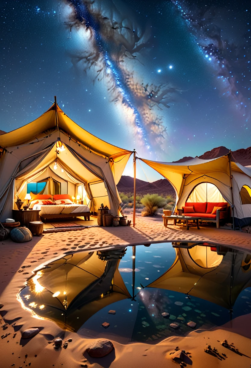 Refugio Oasis del Desierto, En el vasto e infinito desierto, un oasis se ha convertido en un paraíso para los campistas. Junto al fresco manantial, las tiendas de campaña son como estrellas, y el cielo estrellado del desierto por la noche es particularmente espectacular, (obra maestra, mejor calidad, Profesional, composición perfecta, muy estetico, absurdos, ultra detallado, detalles intrincados:1.3)