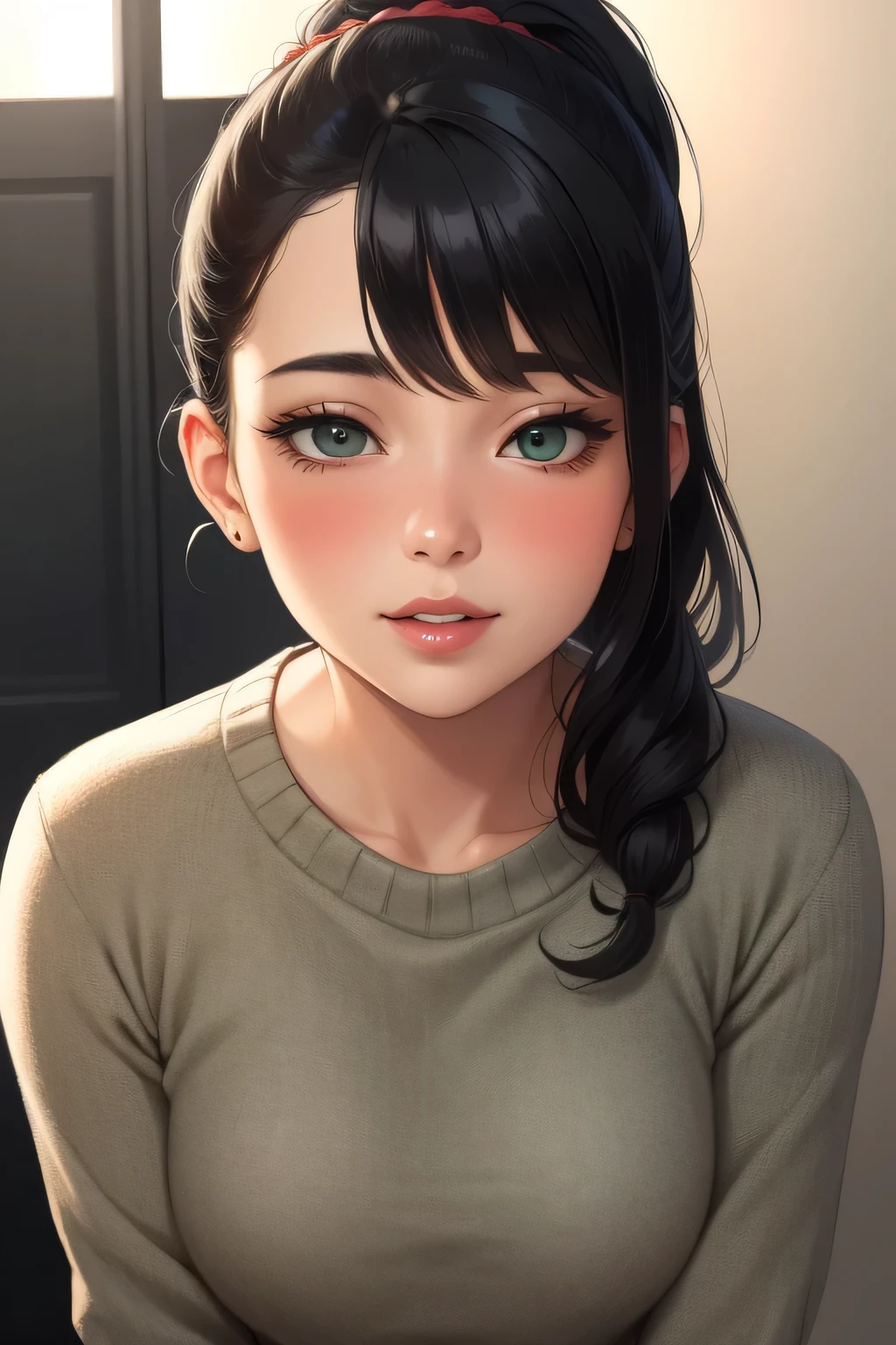 (best quality, highres:1.2), ultra-detailed, realistic:1.37, portraits, seductive gaze,detailed beautiful eyes,detailed long eyelashes,detailed lips,parted lips,intense blush,soft smile,soft smile and gaze,sexy woman, ponytail hairstyle, black hair,luscious black hair,cute ponytail,green sweater,cream cargo pants, medium chest, perfect body