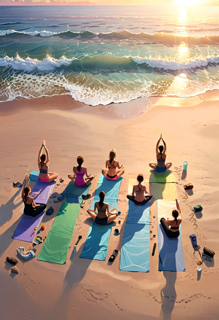 Beach sunrise yoga, camping tent, early morning light, waves gently tapping the beach, a group of campers laying yoga mats on the beach, meditating and practicing postures according to the rhythm of the sunrise, integrating body and mind with nature, (masterpiece, best quality, Professional, perfect composition, very aesthetic, absurdres, ultra-detailed, intricate details:1.3)