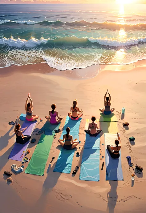 Beach sunrise yoga, camping tent, early morning light, waves gently tapping the beach, a group of campers laying yoga mats on th...