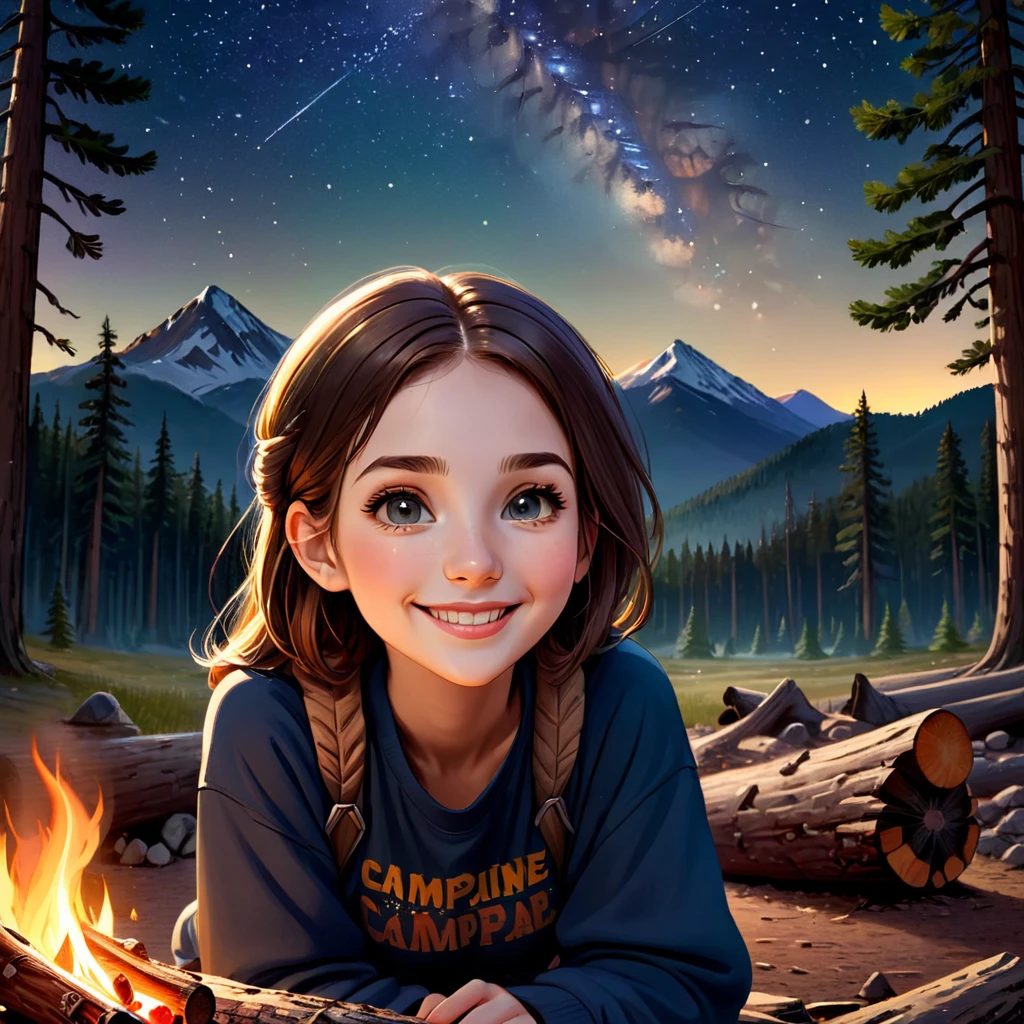 A beautiful outdoor camping scene, 1girl, detailed face, beautiful eyes, detailed nose, detailed lips, long eyelashes, smiling, sitting on log, campfire, mountains in background, pine trees, starry night sky, glowing campfire, warm lighting, rich colors, cinematic, epic, award-winning, masterpiece