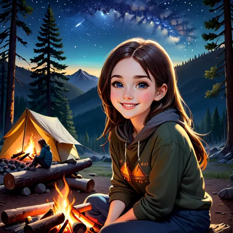 A beautiful outdoor camping scene, 1girl, detailed face, beautiful eyes, detailed nose, detailed lips, long eyelashes, smiling, ...