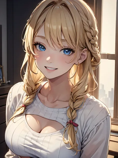 (masterpiece, best quality:1.4), 8k, close up, light blonde hair, short braided hair, young adult, anime girl, smiling, happy, l...