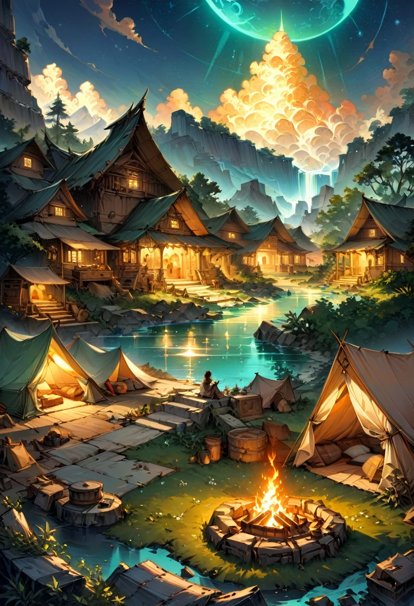 Exploration Camps for Historic Sites, Beside the ruins of ancient civilizations, tents are neatly arranged, and explorers discuss the mysteries of history by the campfire. In the quiet of the night, it seems like one can hear the echoes of ancient times, (masterpiece, best quality, Professional, perfect composition, very aesthetic, absurdres, ultra-detailed, intricate details:1.3)