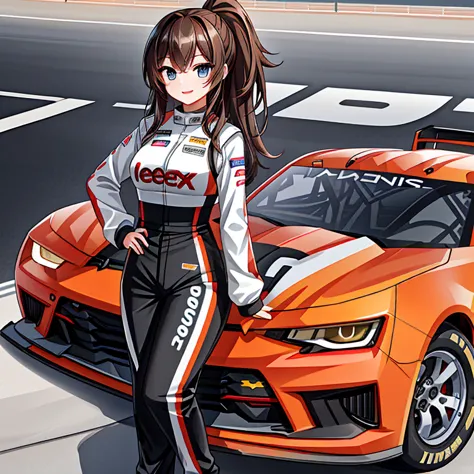 a female nascar driver, standing with her (camaro nascar with a red and black color scheme) behind her. she has (long dark-brown...