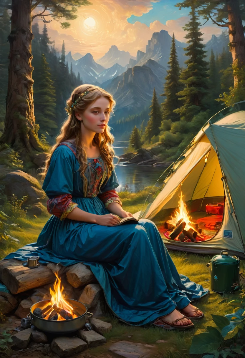 Outdoor Camping, by Sophie Anderson, best quality, masterpiece, very aesthetic, perfect composition, intricate details, ultra-detailed