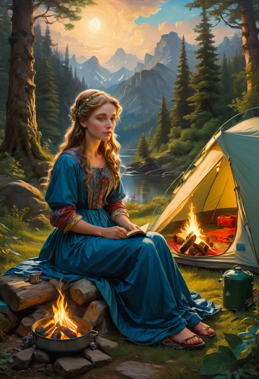 Acampada al aire libre, por Sophie Anderson, mejor calidad, obra maestra, muy estetico, composición perfecta, detalles intrincados, ultra detallado