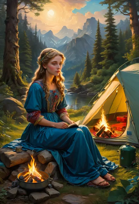 Outdoor Camping, by Sophie Anderson, best quality, masterpiece, very aesthetic, perfect composition, intricate details, ultra-de...