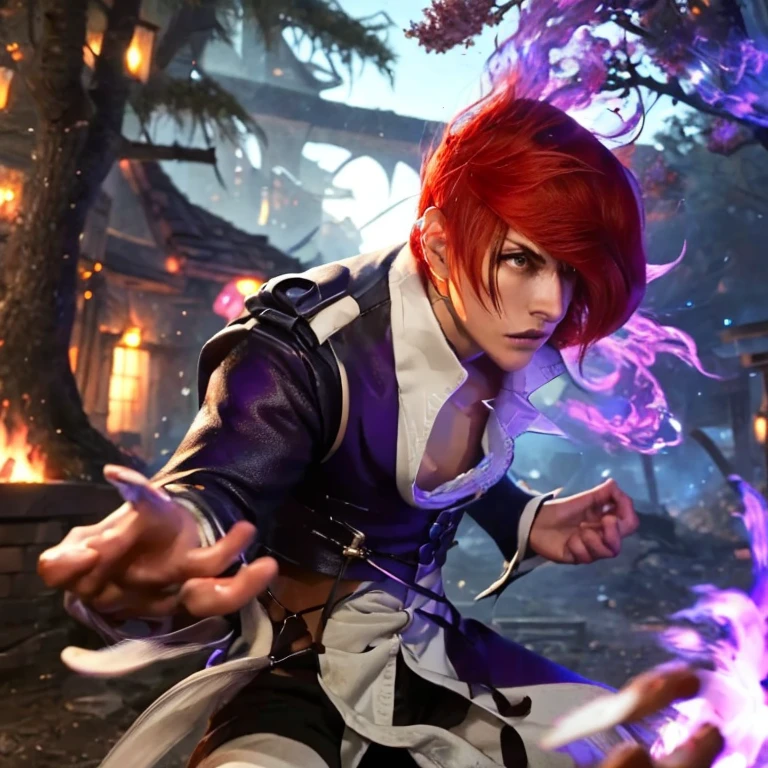 Iorikov,One boy,Hair on one eye,Redhead,short hair,Purple Fire,Fantasy World,isekai,forest,