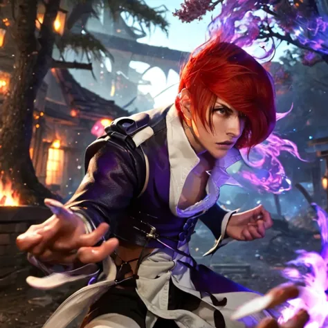 iorikov,one boy,hair on one eye,redhead,short hair,purple fire,fantasy world,isekai,forest,