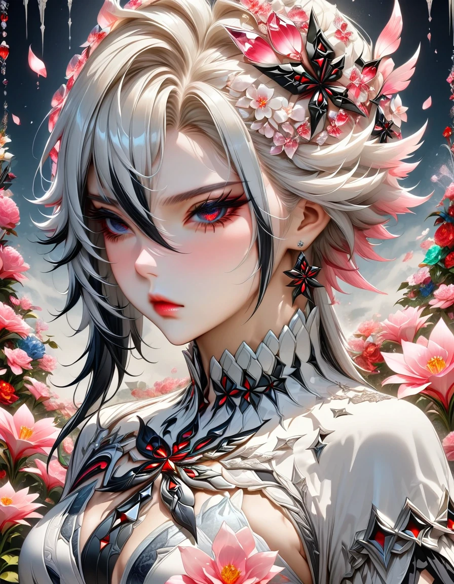 (absurdres, highres, ultra detailed, HDR) master piece, best quality, perfect face, Arlecchino, white hair, expressive red eyes, genshin impact, solo, woman, beautiful, pretty, white clothes, glass pink flowers, glass pink petals, glass pink butterflies, glass garden, glass blossoms, everything made with glass