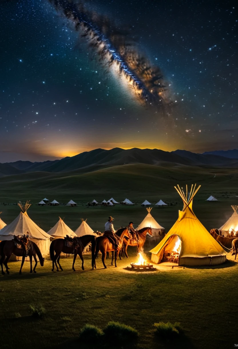 草原を馬で旅する, 広大な草原に, 遊牧民のパオにはテントが付随する, キャンプ参加者は馬に乗って遊牧民の生活を体験します. 夜に, 星空の下で伝統的な焚き火の宴会が開催される, (傑作, 最高品質, プロ, 完璧な構成, とても美しい, 不条理な, 超詳細, 複雑なディテール:1.3)