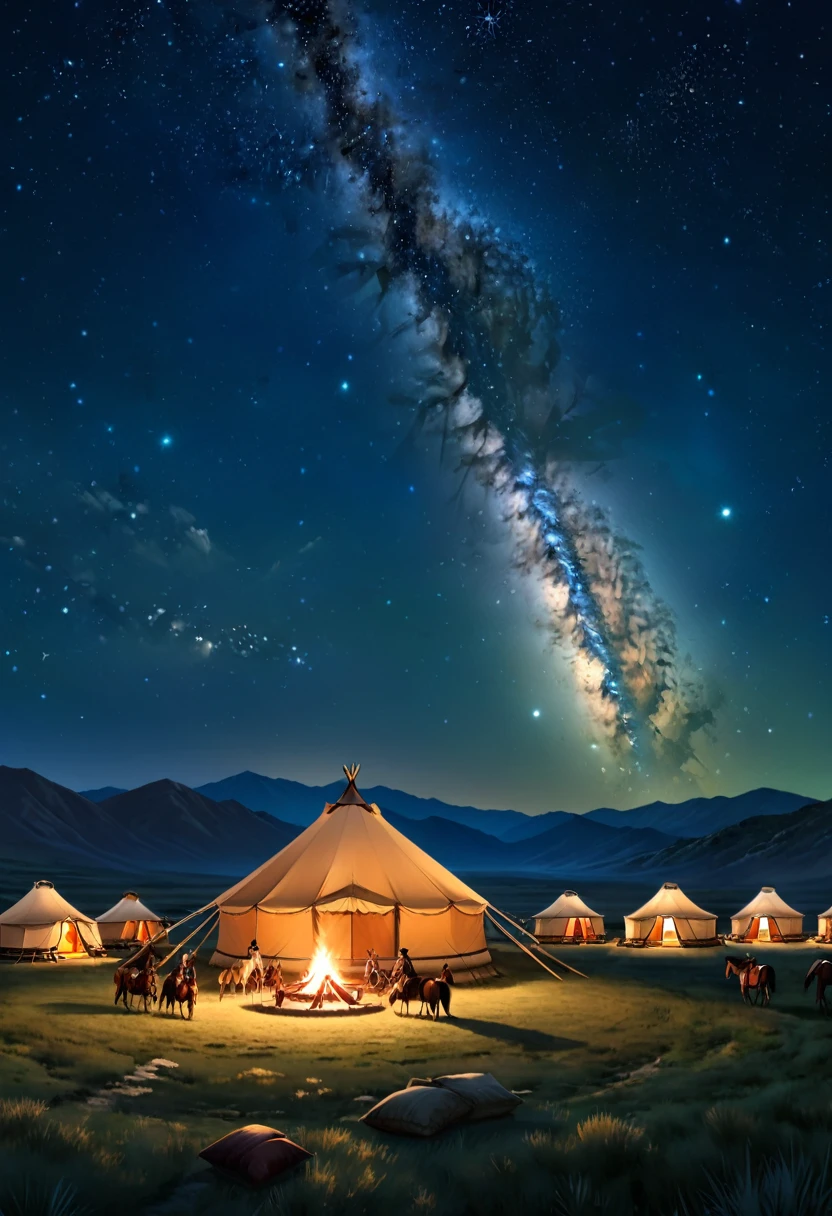 Horseback Journey on the Grassland, On the vast grasslands, tents accompany herdsmen's yurts, and campers ride horses to experience the nomadic lifestyle. At night, traditional bonfire banquets are held under the starry sky, (masterpiece, best quality, Professional, perfect composition, very aesthetic, absurdres, ultra-detailed, intricate details:1.3)