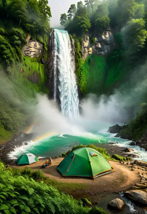 fresh camping by the waterfall, beside the spectacular waterfall, water vapor permeates, and the cool breeze carries away the su...