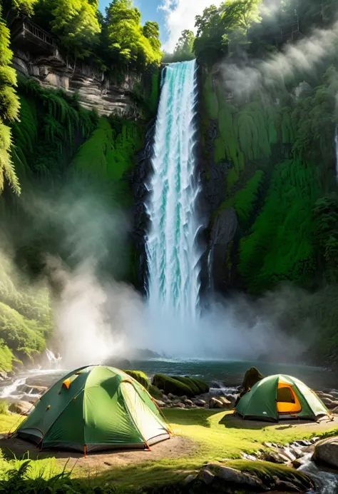 fresh camping by the waterfall, beside the spectacular waterfall, water vapor permeates, and the cool breeze carries away the su...