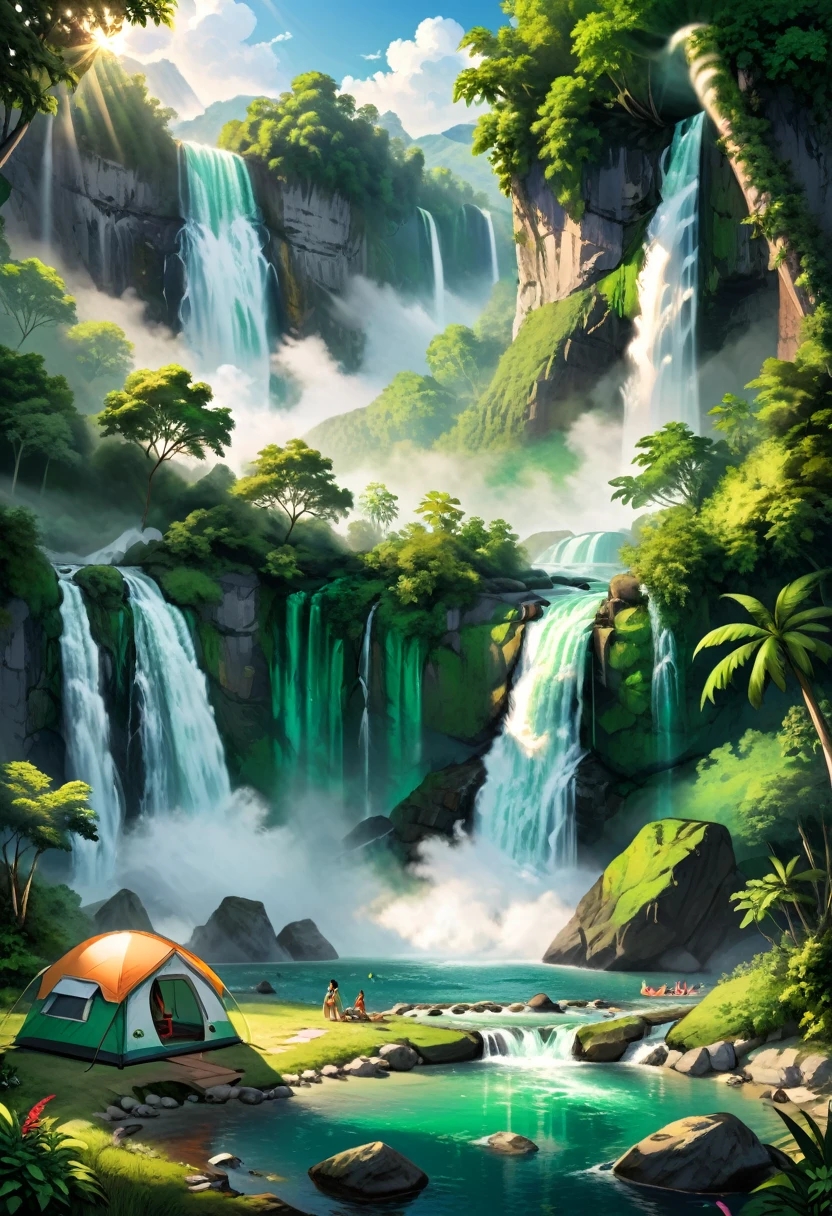 Fresh Camping by the Waterfall, Beside the spectacular waterfall, water vapor permeates, and the cool breeze carries away the summer heat. Campers fall asleep in the roar of the waterfall, and when they wake up, their eyes are full of emerald green and fresh, (masterpiece, best quality, Professional, perfect composition, very aesthetic, absurdres, ultra-detailed, intricate details:1.3)