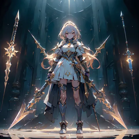 Design a layout showcase Gaming character, (1girl). Golden+Purle clothes, stylish and unique, ((showcase weapon:1.4)), magic sta...