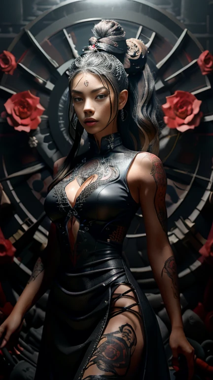 4k realistic ultra detailed photography of an athletic demonic woman, demonic woman wearing a maxi leather dress, hairstyle is a crazy braided hairstyle, demonic woman in a menacing moving standing model pose, photo background is a wall of smoke with black roses coming out of it, mood of the photography is gloomy, big lots of fiery tattoos