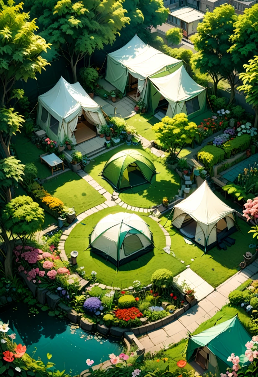 The Secret Garden on the Edge of the City, On the edge of a busy city, there is a quiet green space hidden, and small and exquisite tents scattered among the flowers, providing urban residents with a small world to escape the noise and get close to nature, (masterpiece, best quality, Professional, perfect composition, very aesthetic, absurdres, ultra-detailed, intricate details:1.3)